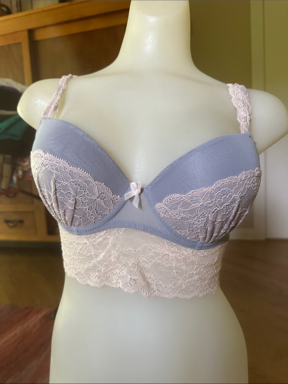 Lace Trim Longline Bra - Dusty Blue and Blush Sophie B 36C